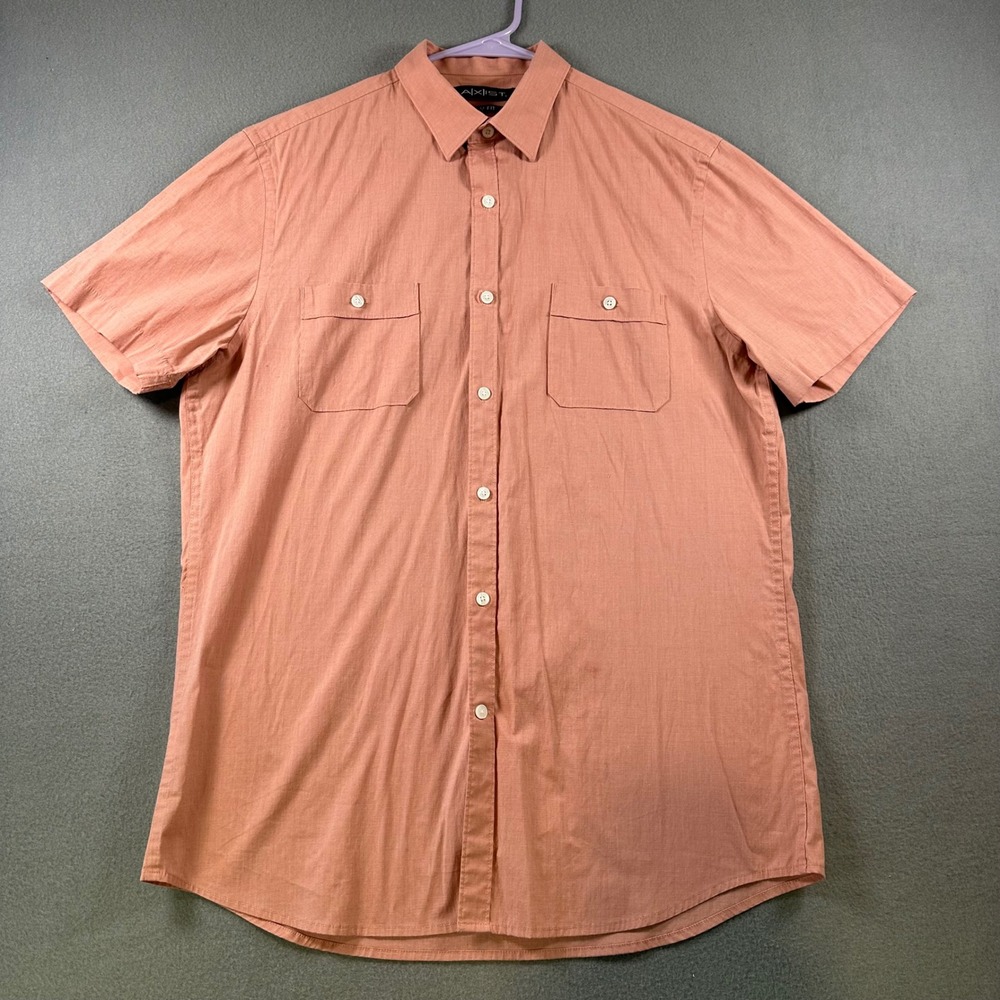 Axist Men Slim Fit Short Sleeve Button Down Shirt Salmon Pink Size M Dual Pocket